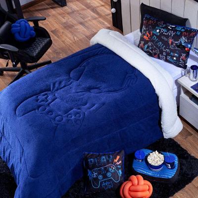 Coberdrom Azul Queen 3Pçs Dupla Face Sherpa E Mantinha