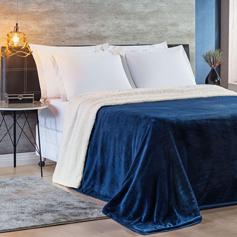 Cobertor Queen Sherpa + Mantinha Flannel 1 Peça Azul Marinho - 1