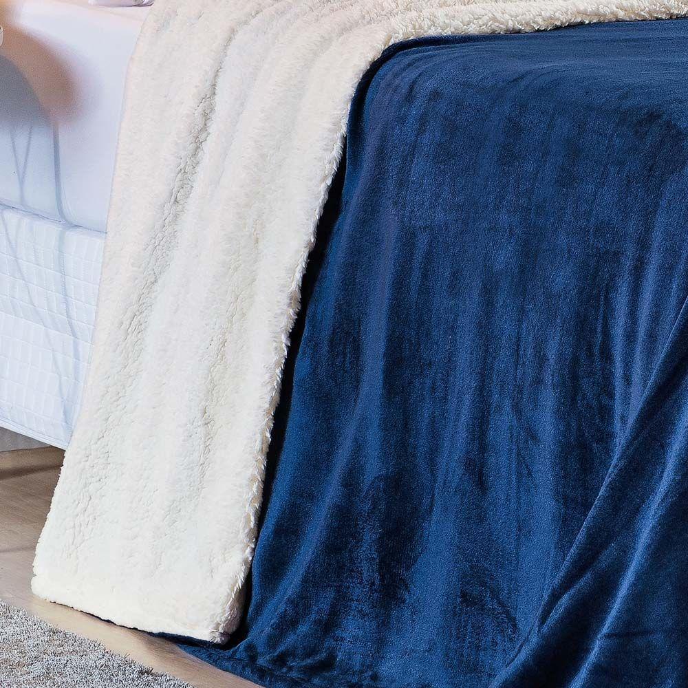 Cobertor Queen Sherpa + Mantinha Flannel 1 Peça Azul Marinho - 4