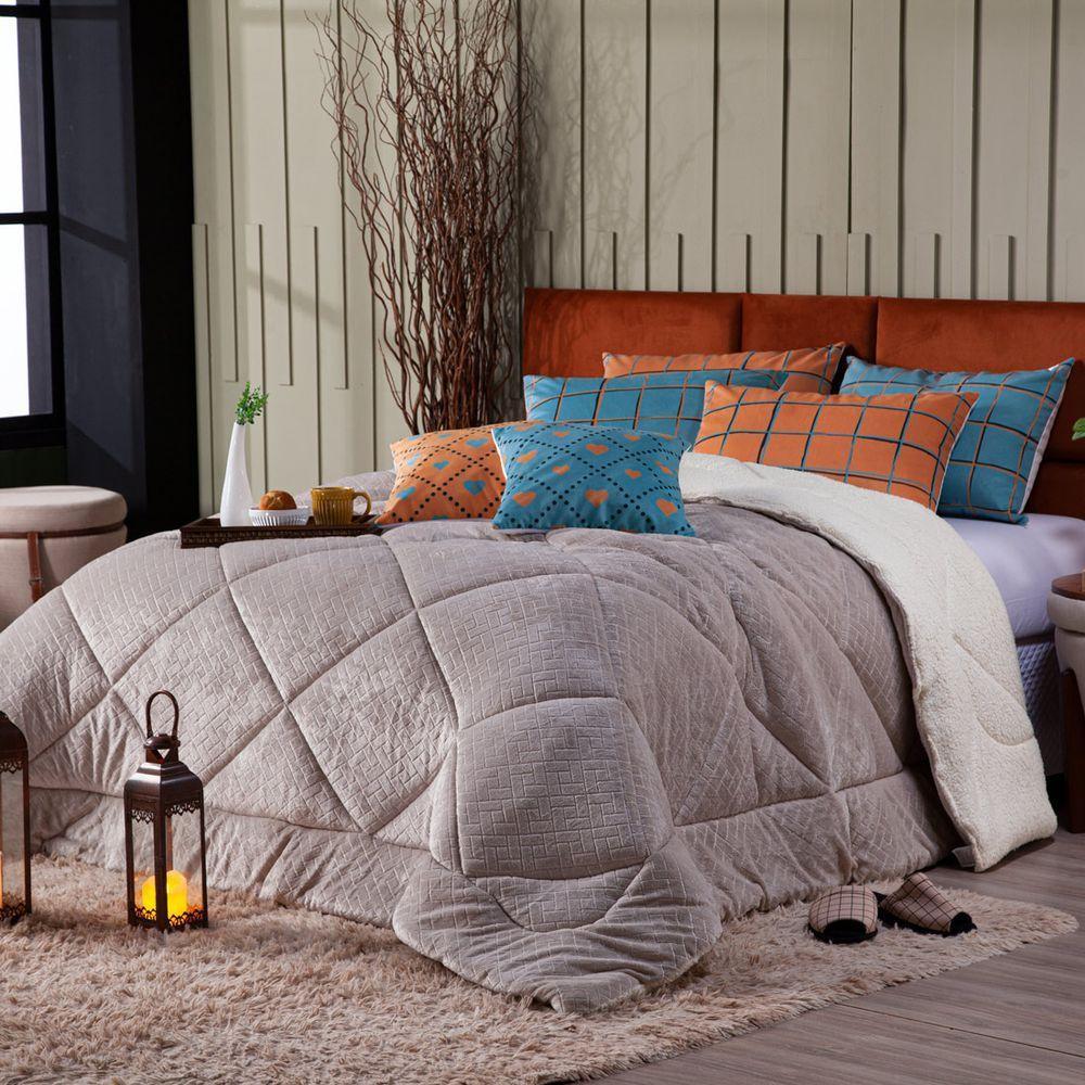 Cobertor Caqui+Almofadas Queen 7Pçs DuplaFace Sherpa E Manta - 1