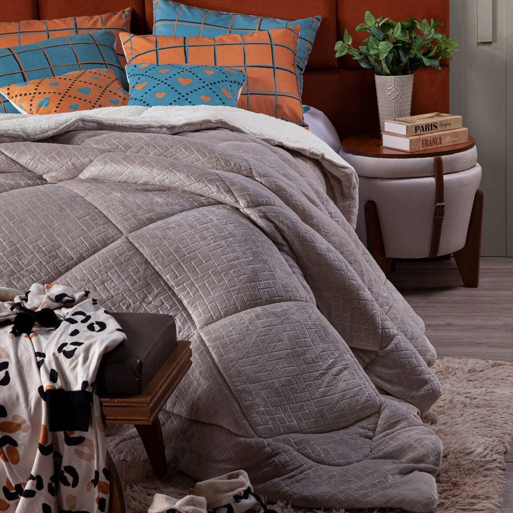 Cobertor Caqui+Almofadas Queen 7Pçs DuplaFace Sherpa E Manta - 7