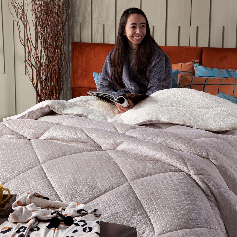 Cobertor Caqui+Almofadas King 7Pçs DuplaFace Sherpa E Manta - 7