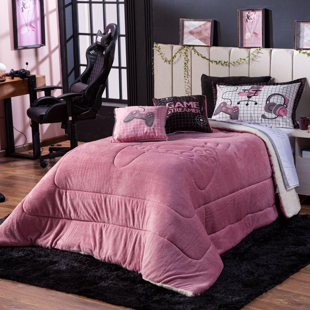 Cobertor Rosê+Almofadas Solt 4Pçs Dupla Face Sherpa E Manta - 2