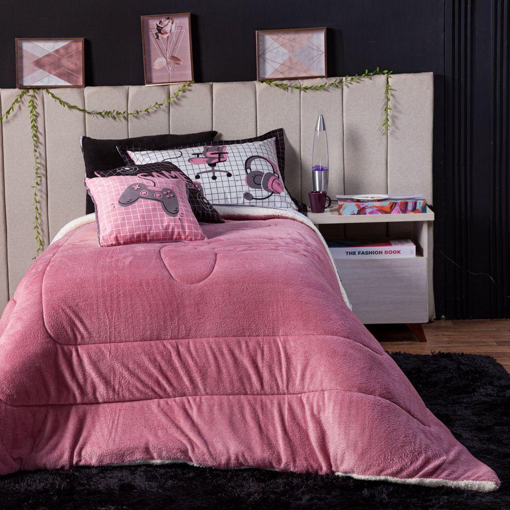 Cobertor Rosê+Almofadas Solt 4Pçs Dupla Face Sherpa E Manta - 5