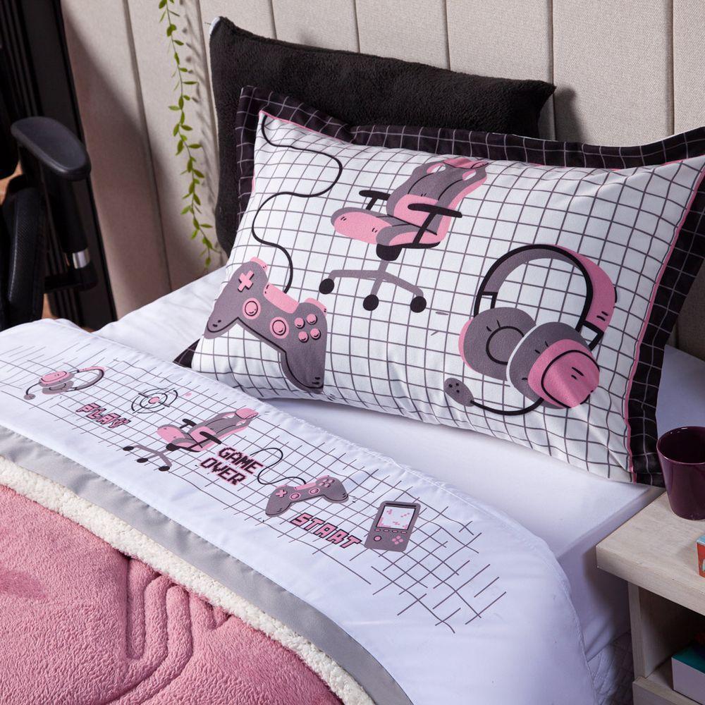 Jogo De Cama Game Streamer Branco/rosê Queen 4Pçs 180Fios - 2