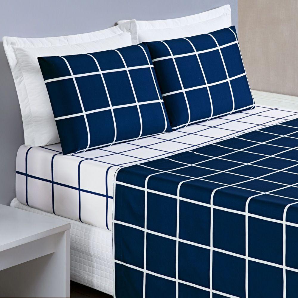 Jogo Cama Lençol Solteiro 200 Fios 3 Peças Azul Marinho - 1