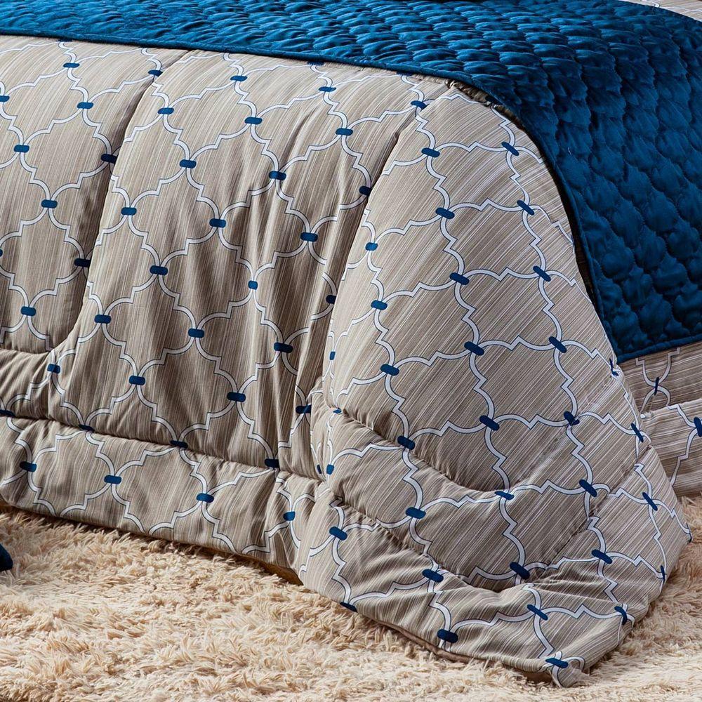 Kit Edredom Bege/azul King 03 Peças Dupla Face Percal - 3
