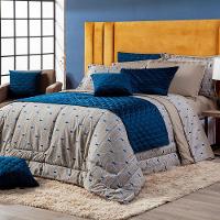 Kit Edredom Bege/azul King 03 Peças Dupla Face Percal - 1