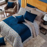 Kit Edredom Bege/azul King 03 Peças Dupla Face Percal - 19