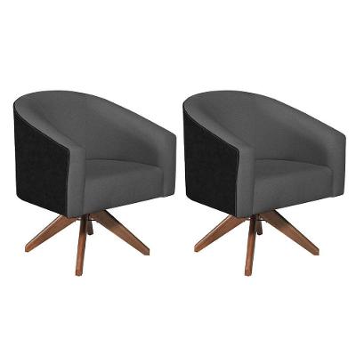 Kit 02 Poltronas Luiza Base Giratória De Madeira Factor Preto E Linho - Adj Decor Cor Cinzaescuro