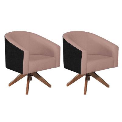 Kit 02 Poltronas Luiza Base Giratória De Madeira Factor Preto E Linho - Adj Decor Cor Rosê
