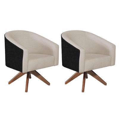 Kit 02 Poltronas Luiza Base Giratória De Madeira Factor Preto E Linho - Adj Decor Cor Bege