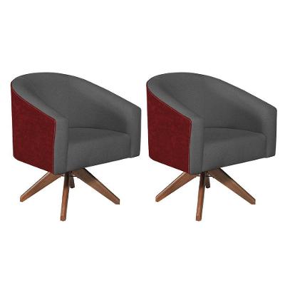 Kit 02 Poltronas Luiza Base Giratória De Madeira Factor Vermelho E Linho - Adj Decor Cor Cinzaescuro