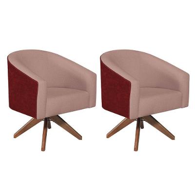 Kit 02 Poltronas Luiza Base Giratória De Madeira Factor Vermelho E Linho - Adj Decor Cor Rosê