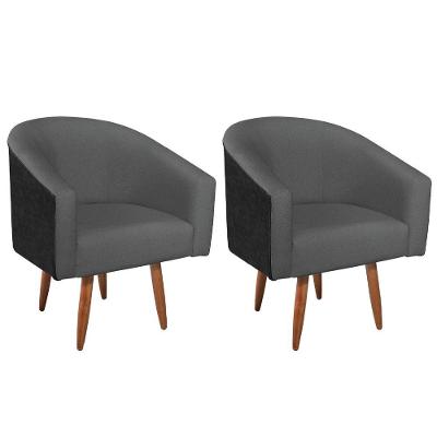 Kit 02 Poltronas Luiza Pés Palito Factor Preto E Linho - Adj Decor Cor Cinzaescuro