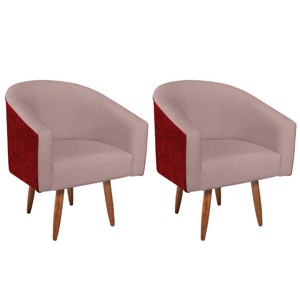 Kit 02 Poltronas Luiza Pés Palito Factor Vermelho E Linho - Amarena Móveis Cor Rosê - 1