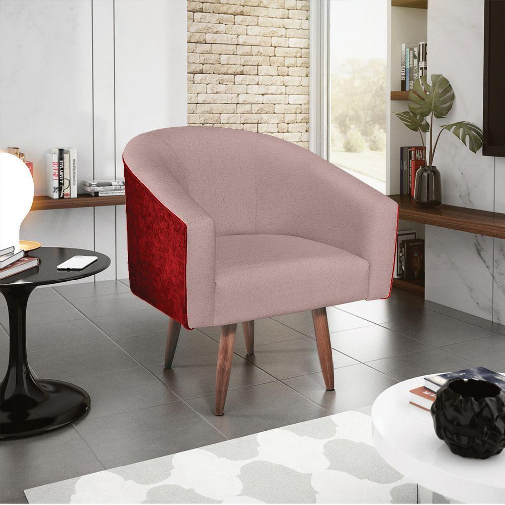 Kit 02 Poltronas Luiza Pés Palito Factor Vermelho E Linho - Amarena Móveis Cor Rosê - 6