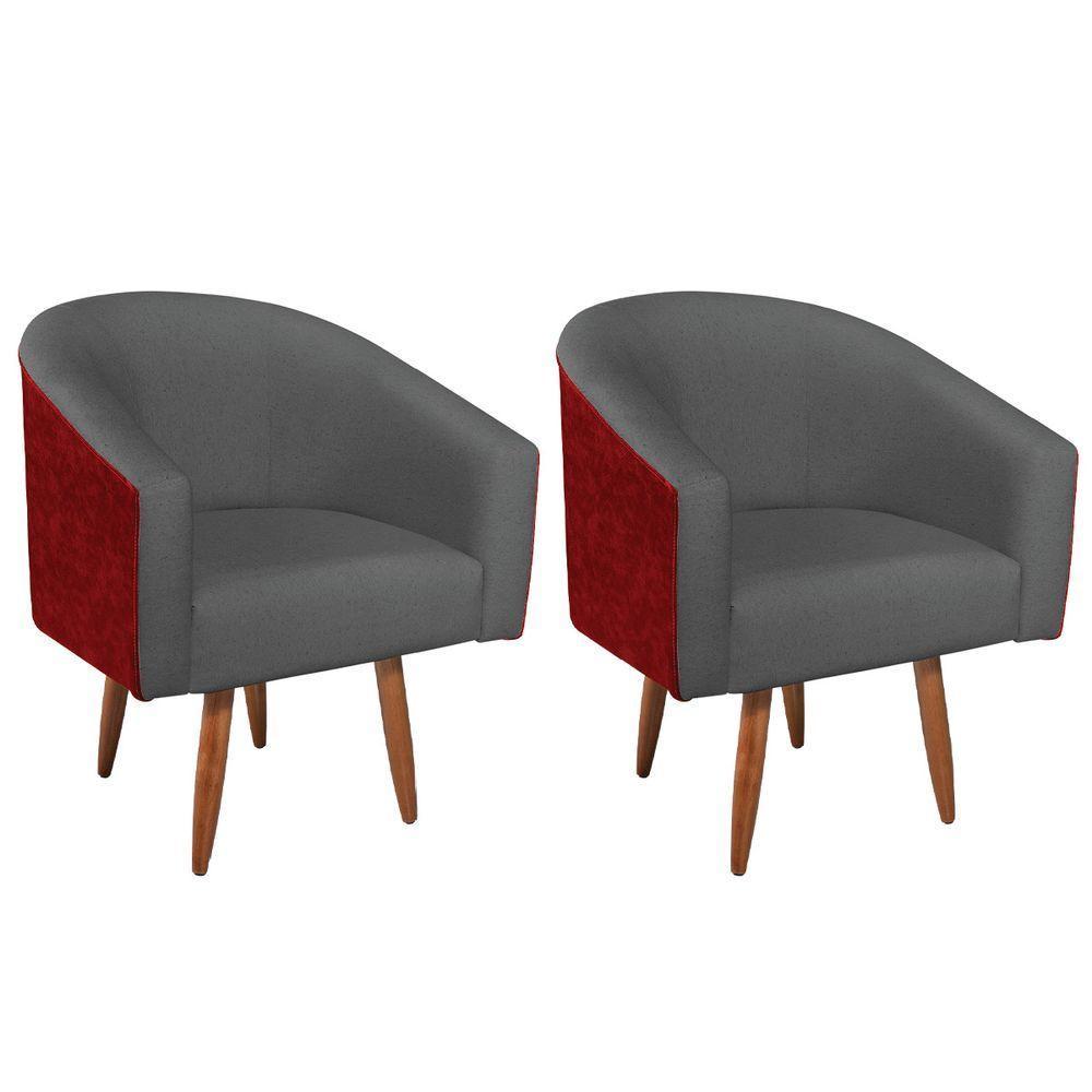 Kit 02 Poltronas Luiza Pés Palito Factor Vermelho E Linho - Amarena Móveis Cor Cinzaescuro - 1