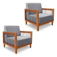 Kit 2 Poltronas Decorativa Marilia Linho Grafite Base Em Madeira Castanho - Pallazio - 1