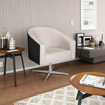 Poltrona Luiza Base Giratória De Metal Factor Preto E Linho - Adj Decor Cor Bege