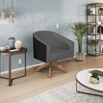 Poltrona Luiza Base Giratória De Madeira Factor Preto E Linho - Adj Decor Cor Cinzaescuro