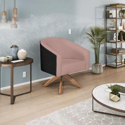 Poltrona Luiza Base Giratória De Madeira Factor Preto E Linho - Adj Decor Cor Rosê