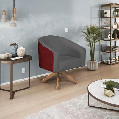 Poltrona Luiza Base Giratória De Madeira Factor Vermelho E Linho - Adj Decor Cor Cinzaescuro