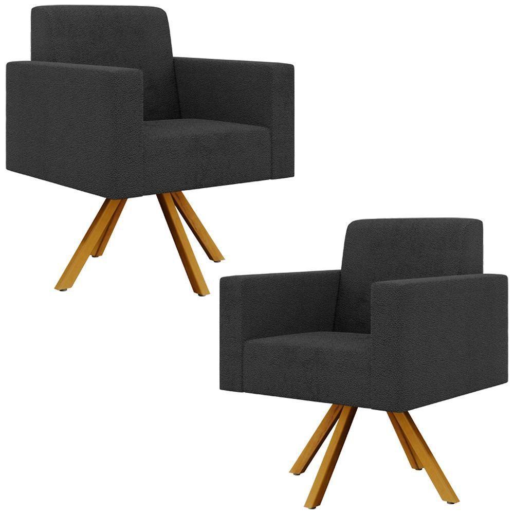Kit 02 Poltronas Giratórias Sala De Estar Base De Madeira Helô L02 Bouclê Preto - 1
