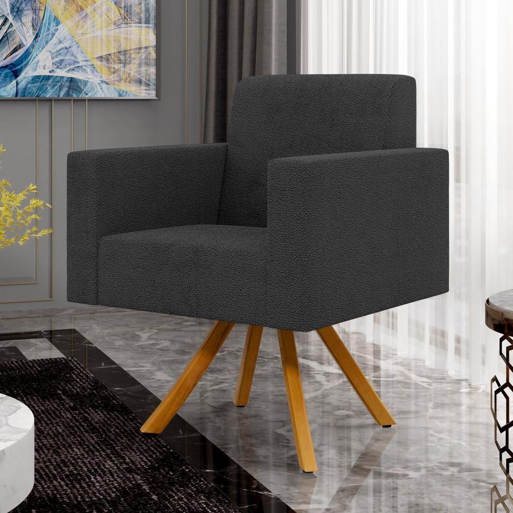 Kit 02 Poltronas Giratórias Sala De Estar Base De Madeira Helô L02 Bouclê Preto - 7