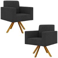 Kit 02 Poltronas Giratórias Sala De Estar Base De Madeira Helô L02 Bouclê Preto - 1