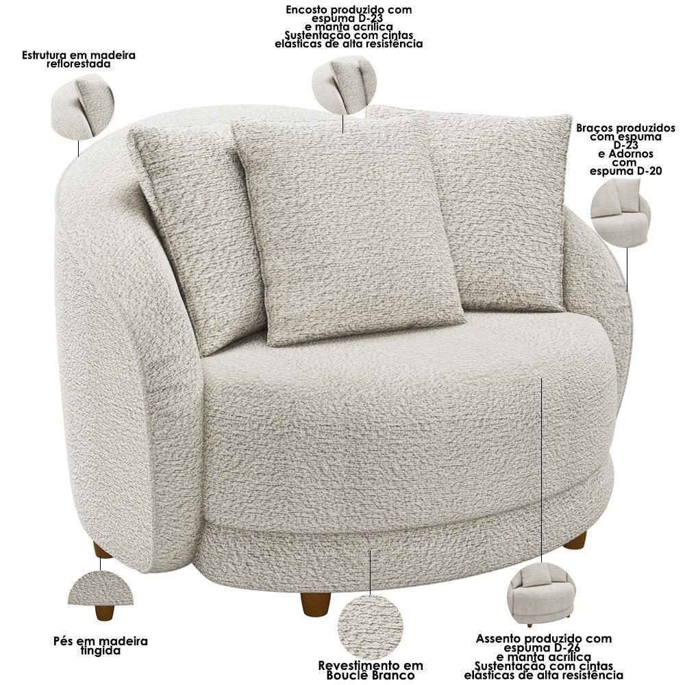 Kit 02 Poltronas Decorativa Sala De Estar Base Fixa De Madeira Witta M03 Bouclê Branco - 4