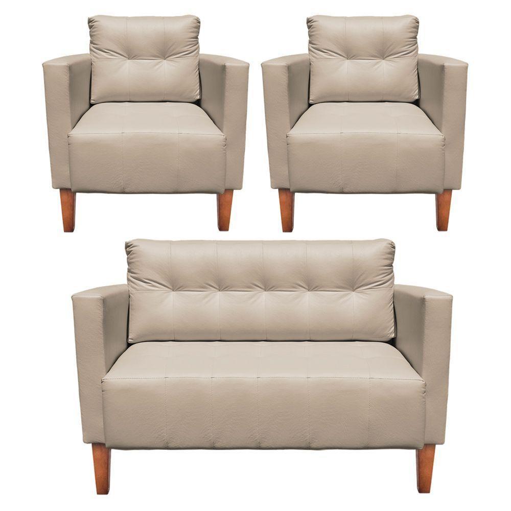 Kit 1 Sofá Namoradeira E 2 Poltronas Livia Corino Bege Pés Chanfrado Castanho D'rossi - 1