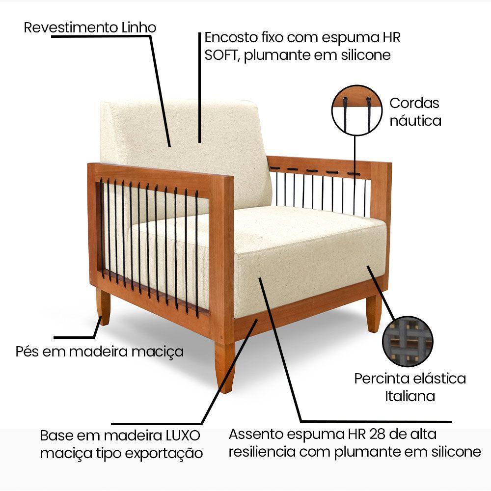 Kit 2 Poltronas Decorativa Marilia Linho Bege Base Em Madeira Castanho - Pallazio - 3