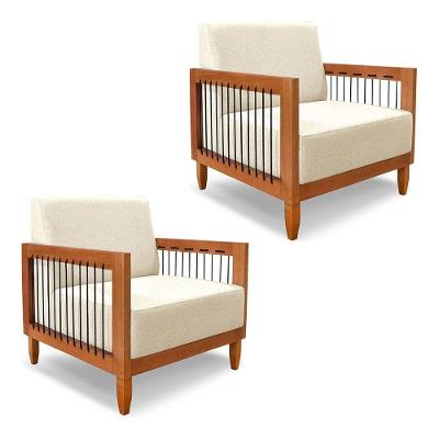 Kit 2 Poltronas Decorativa Marilia Linho Bege Base Em Madeira Castanho - Pallazio