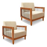 Kit 2 Poltronas Decorativa Marilia Linho Dourado Base Em Madeira Castanho - Pallazio - 1