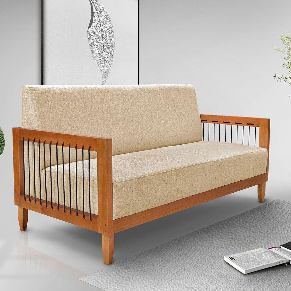 Kit 2 Poltronas E Sofá Living 2 Lugares Marilia 1,60m Linho Dourado Base Em Madeira Castanho - Pallazio - 7