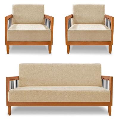 Kit 2 Poltronas E Sofá Living 2 Lugares Marilia 1,60m Linho Dourado Base Em Madeira Castanho - Pallazio