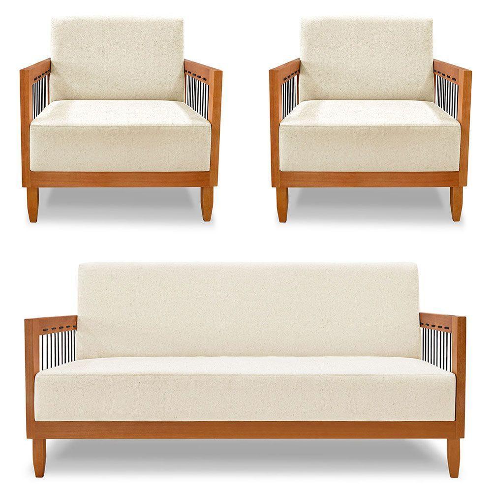 Kit 2 Poltronas E Sofá Living 2 Lugares Marilia 1,60m Linho Base Em Madeira Castanho - Pallazio Cor Bege - 2