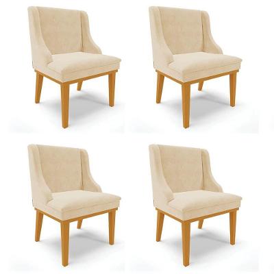 Kit 4 Cadeiras Estofadas Para Sala De Jantar Base Fixa De Madeira Castanho Lia Suede Bege - Ibiza