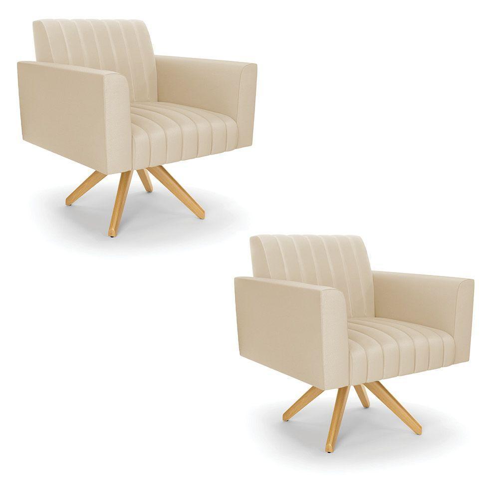 Kit 2 Poltronas Giratória Viena Gomada Corino Bege Base De Madeira Ma30 - D'rossi - 1