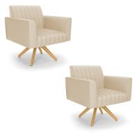 Kit 2 Poltronas Giratória Viena Gomada Corino Bege Base De Madeira Ma30 - D'rossi - 1