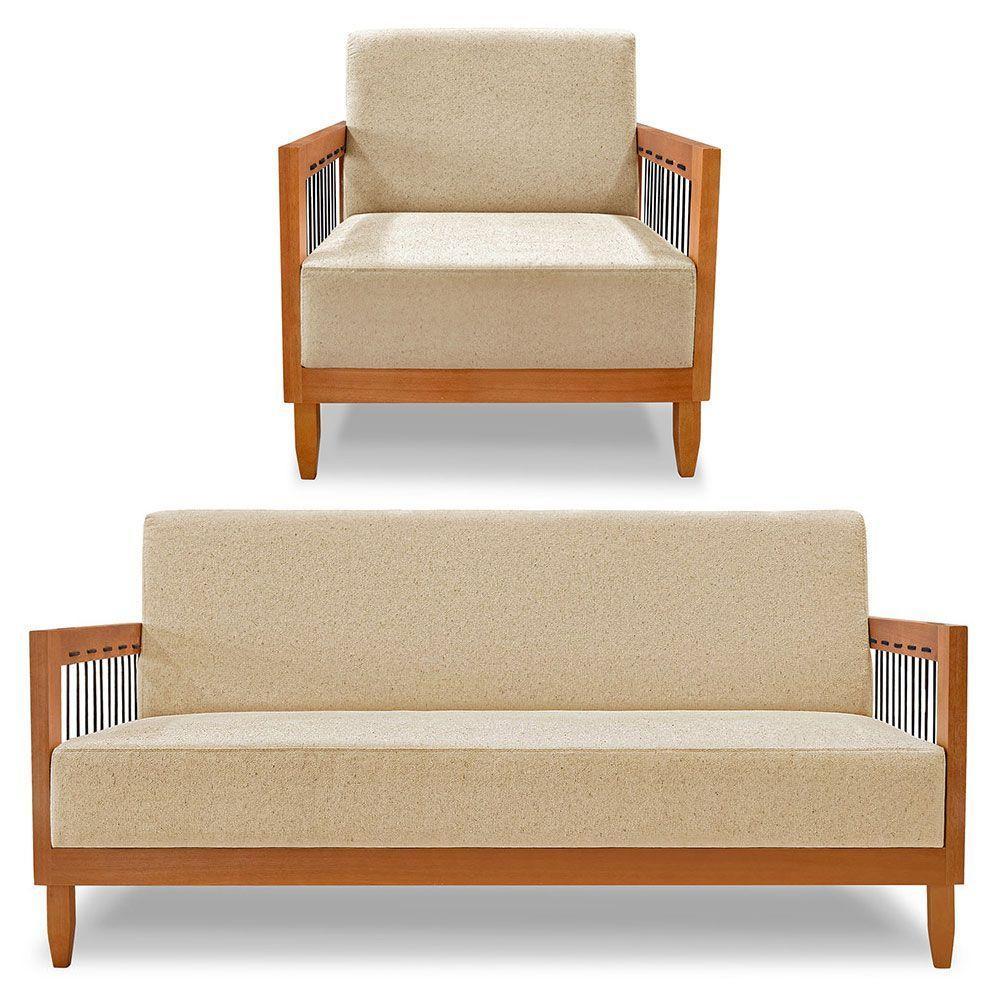 Kit Poltrona E Sofá Living 2 Lugares Marilia 1,60m Linho Dourado Base Em Madeira Castanho - Pallazio - 1