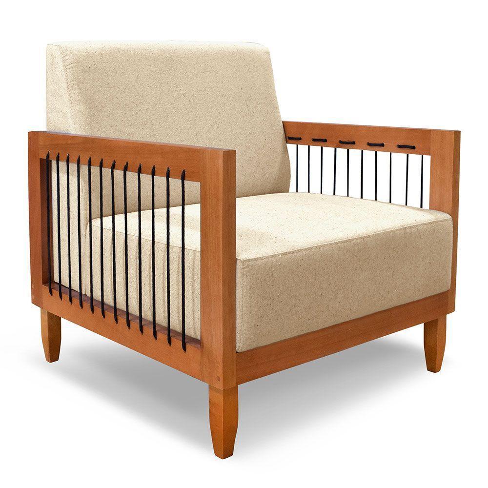 Kit Poltrona E Sofá Living 2 Lugares Marilia 1,60m Linho Dourado Base Em Madeira Castanho - Pallazio - 5