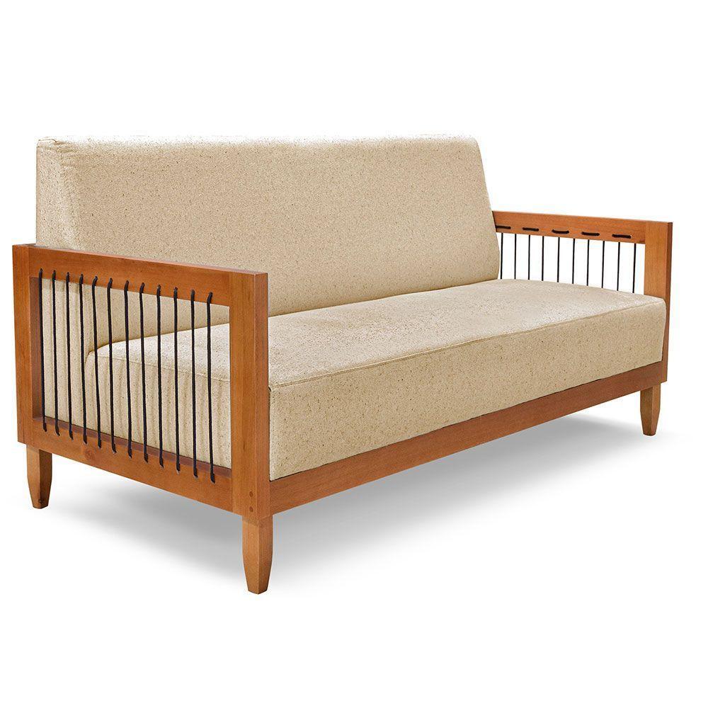 Kit Poltrona E Sofá Living 2 Lugares Marilia 1,60m Linho Dourado Base Em Madeira Castanho - Pallazio - 6