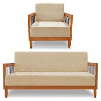 Kit Poltrona E Sofá Living 2 Lugares Marilia 1,60m Linho Dourado Base Em Madeira Castanho - Pallazio - 1