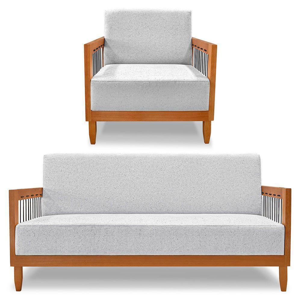 Kit Poltrona E Sofá Living 2 Lugares Marilia 1,60m Linho Cinza Base Em Madeira Castanho - Pallazio - 1
