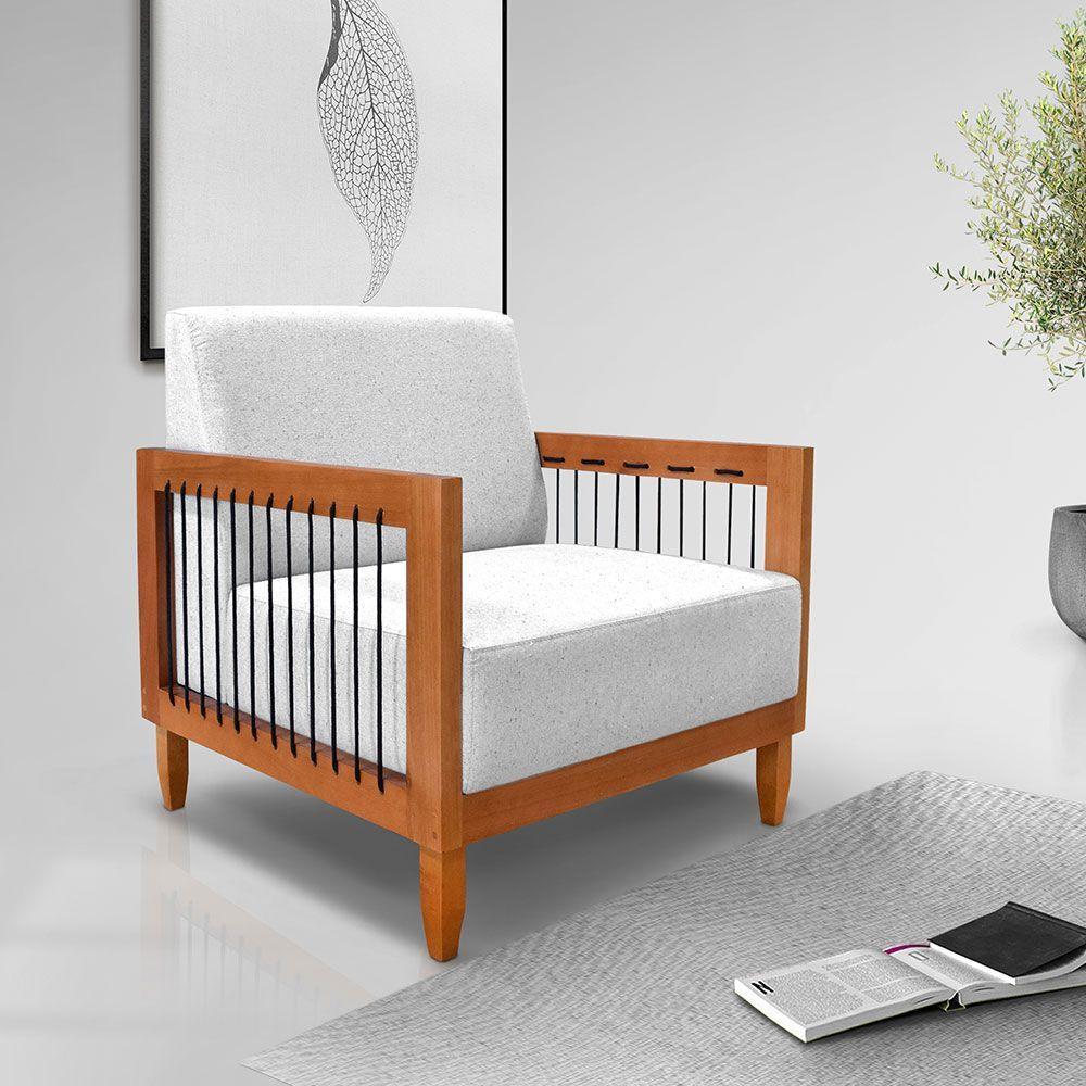 Kit Poltrona E Sofá Living 2 Lugares Marilia 1,60m Linho Cinza Base Em Madeira Castanho - Pallazio - 7