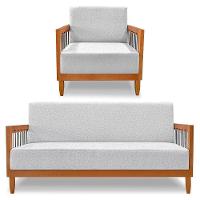 Kit Poltrona E Sofá Living 2 Lugares Marilia 1,60m Linho Cinza Base Em Madeira Castanho - Pallazio - 1