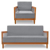 Kit Poltrona E Sofá Living 2 Lugares Marilia 1,60m Linho Base Em Madeira Castanho - Pallazio Cor Grafite - 1