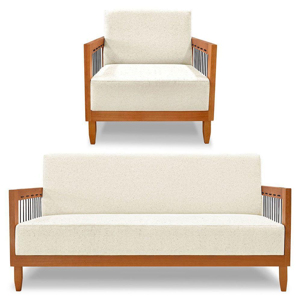 Kit Poltrona E Sofá Living 2 Lugares Marilia 1,60m Linho Base Em Madeira Castanho - Pallazio Cor Natural - 1